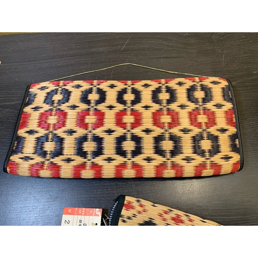 Vintage Hand Woven Straw Raffia Geometric Clutch Japanese Wallet & Pen Case